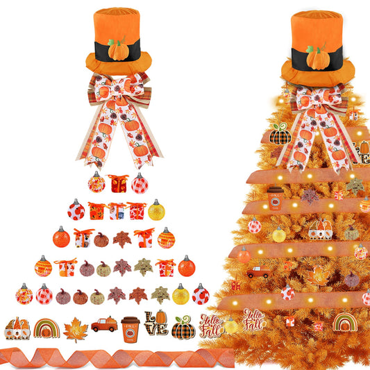 44 Pcs Fall Thanksgiving Day Decorations Fall Thanksgiving Day Tree Ornaments Tree Topper Fall Wooden Hanging Ornaments with Bow and Ribbon for Fall Thanksgiving Day Holiday Party Tree Hanging Decor