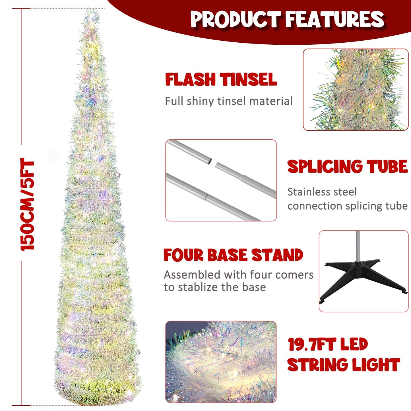 OurWarm 5 FT Pop Up Tinsel Christmas Tree, Collapsible Pencil Christmas Tree with Gold Glitter Film and LED Lights, Prelit White Artificial Slim Tree for Xmas Party Home Fireplace Decorations