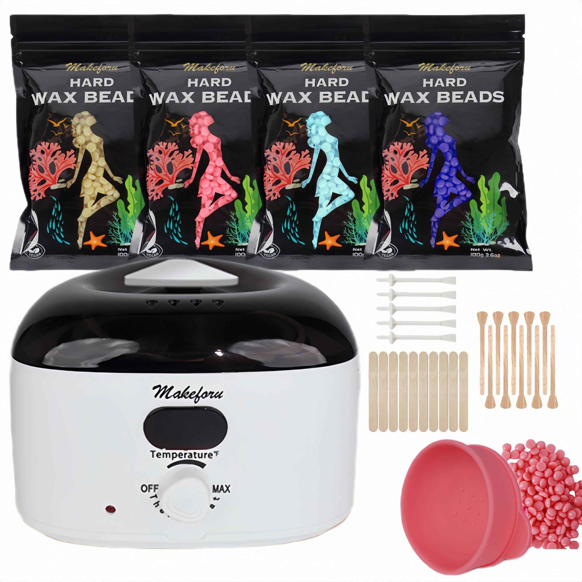 Makeforu Brazilian Waxing Kit - Bikini & Full Body Hair Removal with Digital Warmer, 4 Scented Wax Beads & 27 Silicone Tools - Home Waxing for Women & Men, Face & Body Care (White)