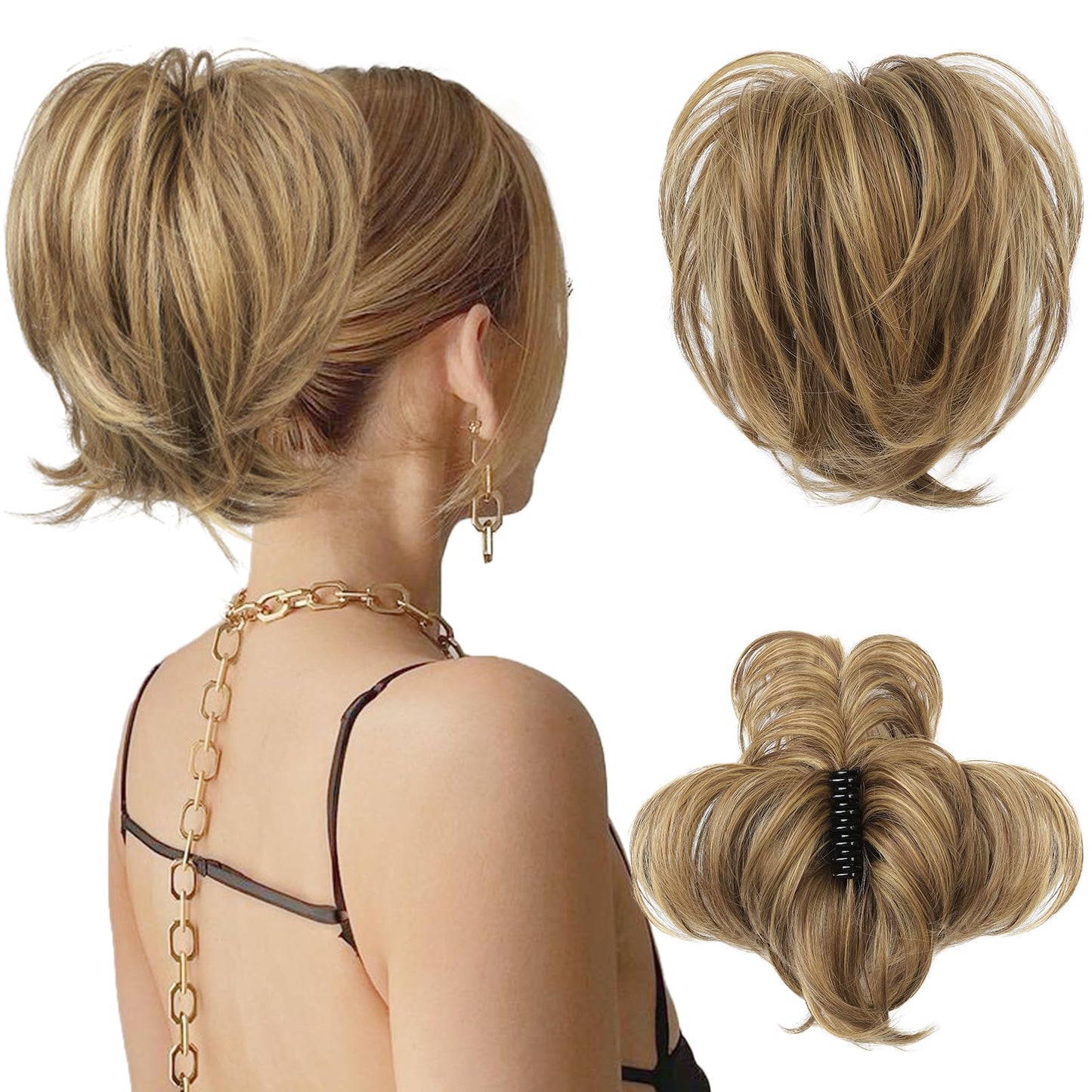 HOOJIH Messy Bun Hair Piece, Claw Clip in Straight Hair Bun 9 Inch Short Ponytail Extension with Bendable Metal Wire Hair Pieces for Women Fake Pony DIY Styles - Medium Brown with Blonde Highlights