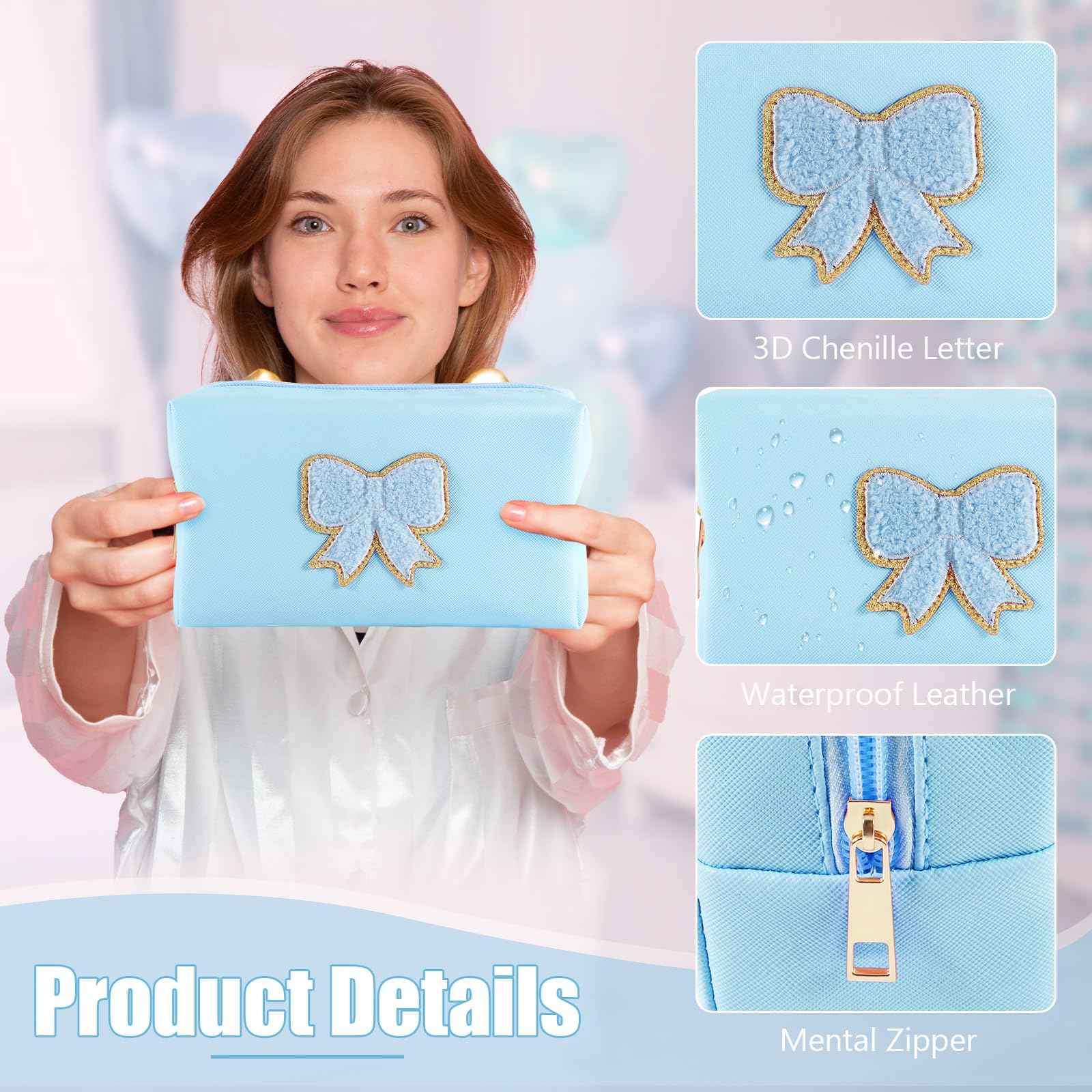 6 Pcs Bow Makeup Bag Bulk Preppy Cosmetic Bag PU Leather Travel Toiletry Bag Waterproof Small Makeup Pouch Bag for Purse Cute Coquette Stuff for Girls Women Bachelorette Party Gifts (02 Blue)