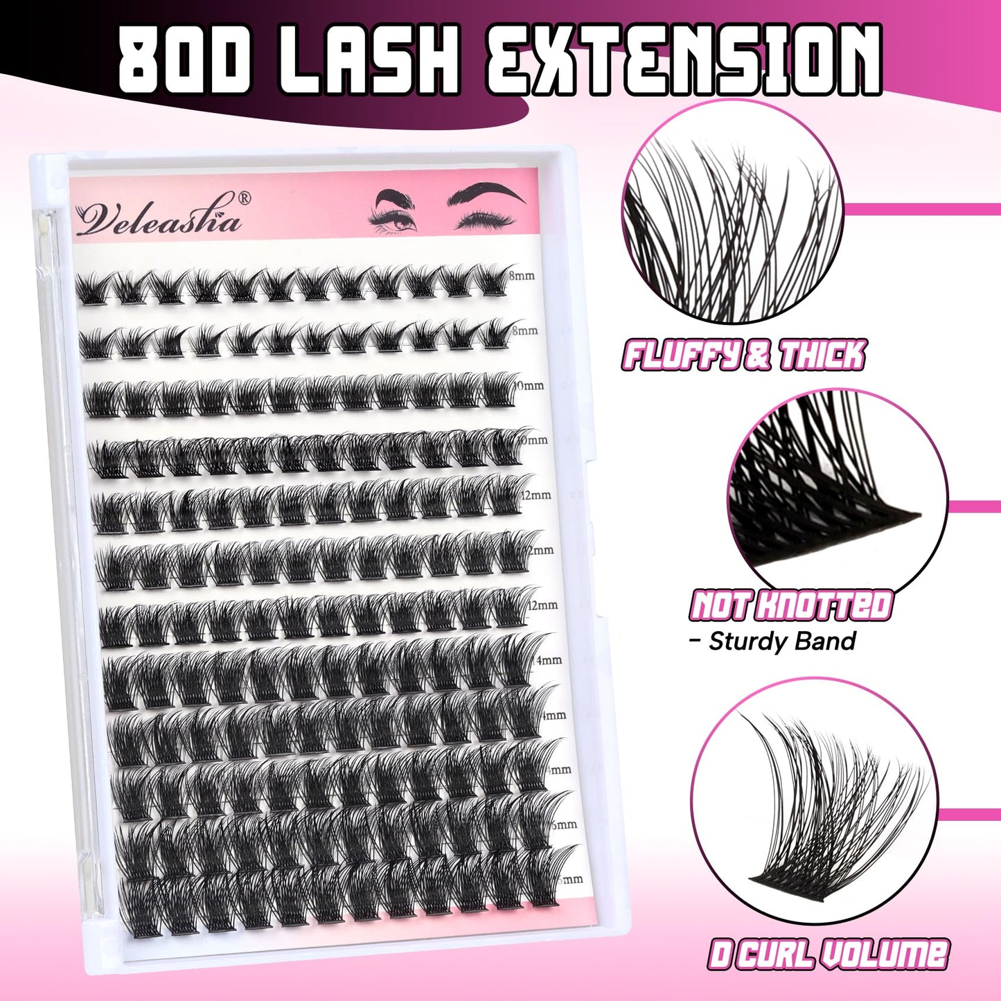 Veleasha Lash Clusters Wispy 144PCS D Curl Cluster Lashes Eyelash Clusters 8-16MIX Natural Lashes Cluster Eyelash Extensions pestañas postizas naturales False Eyelashes Fluffy (Rose,D-8-16mm)