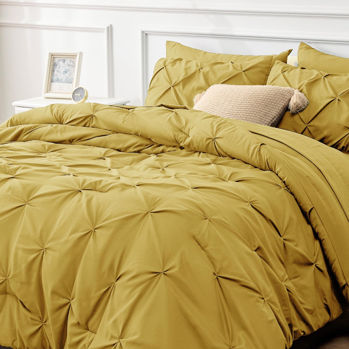 Bedsure Twin Comforter Set with Sheets - 5 Pieces Twin Bedding Sets, Pinch Pleat Mustard Yellow Twin Bed in a Bag with Comforter, Sheets, Pillowcase & Sham