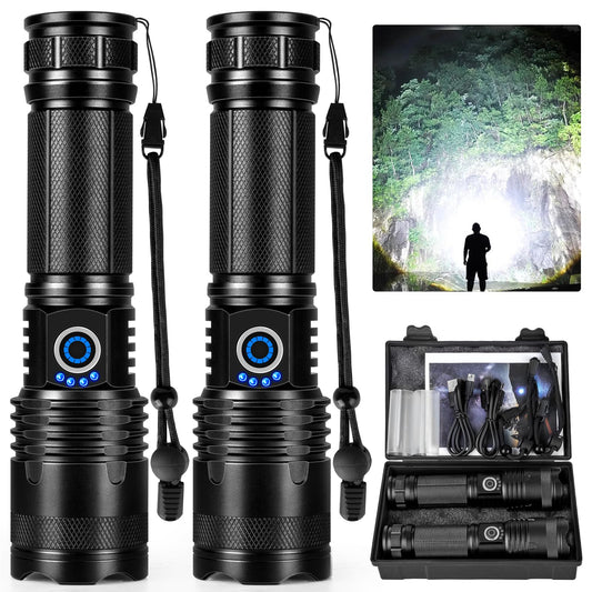 LBE Rechargeable LED Flashlights High Lumens, 990,000 Lumens Super Bright Flashlights with 5 Modes, Waterproof Powerful Flash Light Multifunctional Flashlights for Home Camping Hiking(2 Pack)