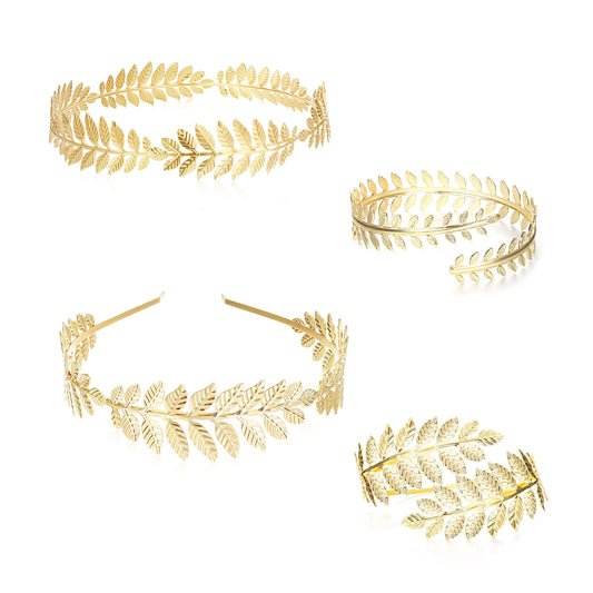 FUNRUN JEWELRY 4PCS Goddess Headband Leaf Arm Cuff Jewelry Set Crown Laurel Costume Accessory Armband Hair Band Bridal Wedding Jewelry Adjustable