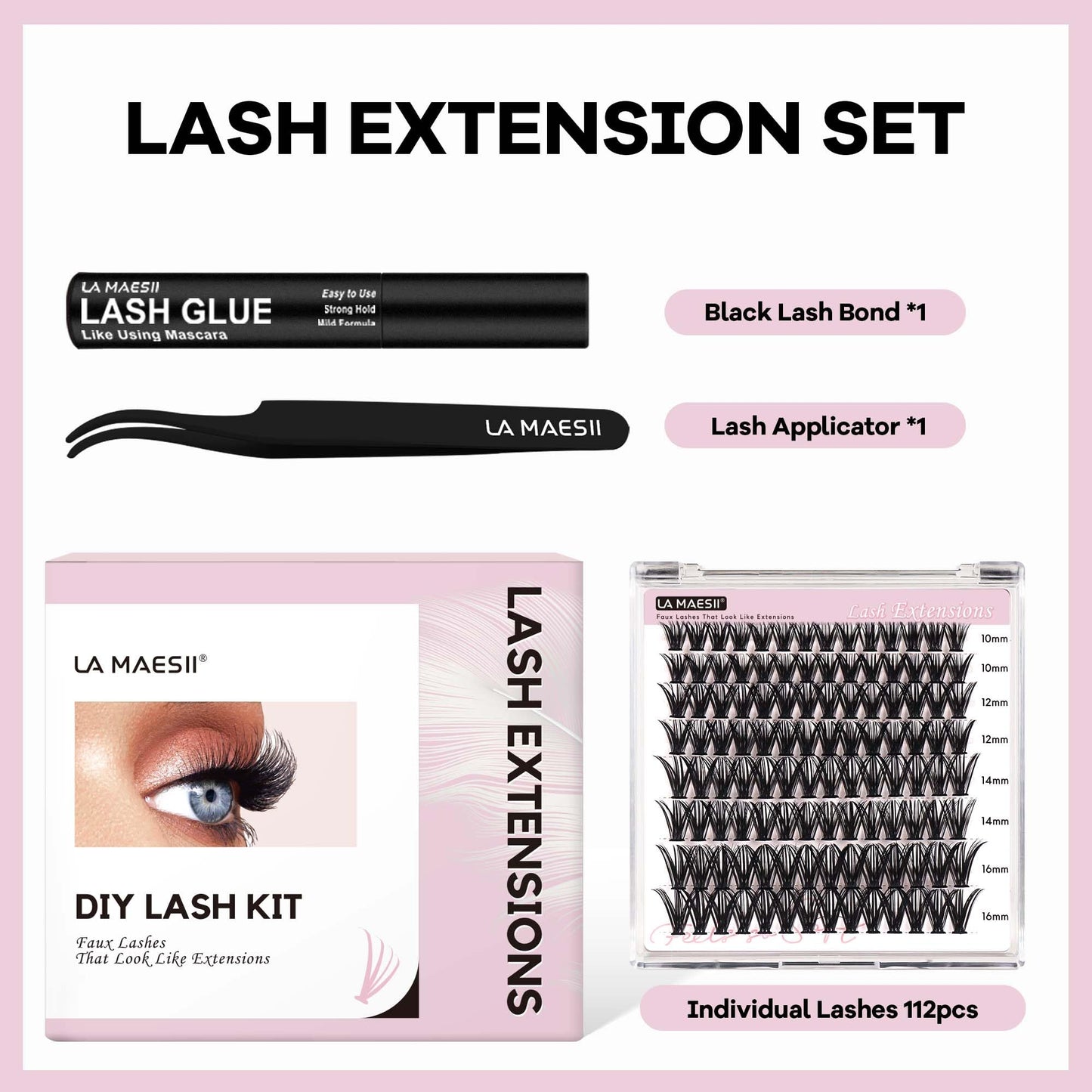 LA MAESII DIY Lash Extension Kit, 50D Lash Clusters Kit Cluster Eyelash Extensions Kit 10-16mm Individual Lashes with Lash Glue and Lash Applicator, Faux Mink Lashes Soft Thin Band Reusable (50D-Kit)