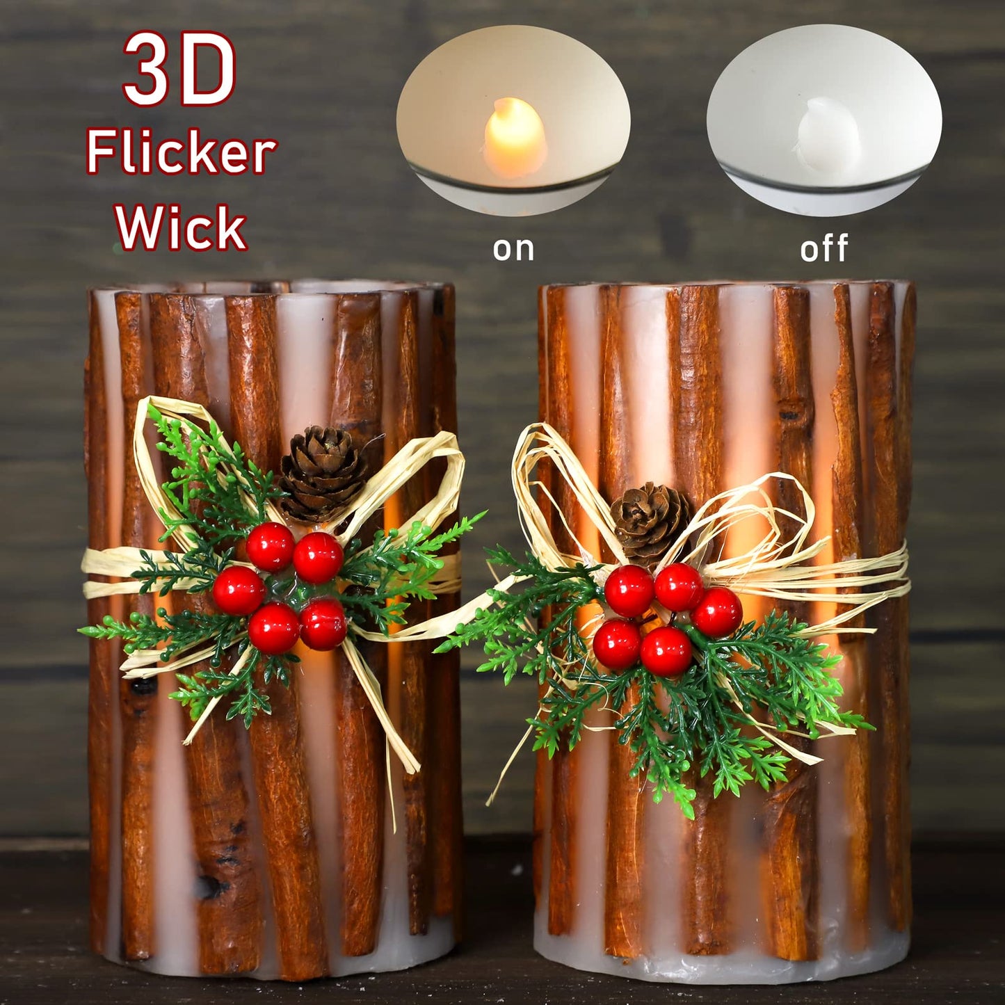 Silverstro Christmas Fake Candles with Remote Embedded Cinnamon Bark Blinks Real Wax Decorative Candles for Home Party Xmas Holiday Decorations - D3.23 X H6 Set of 2