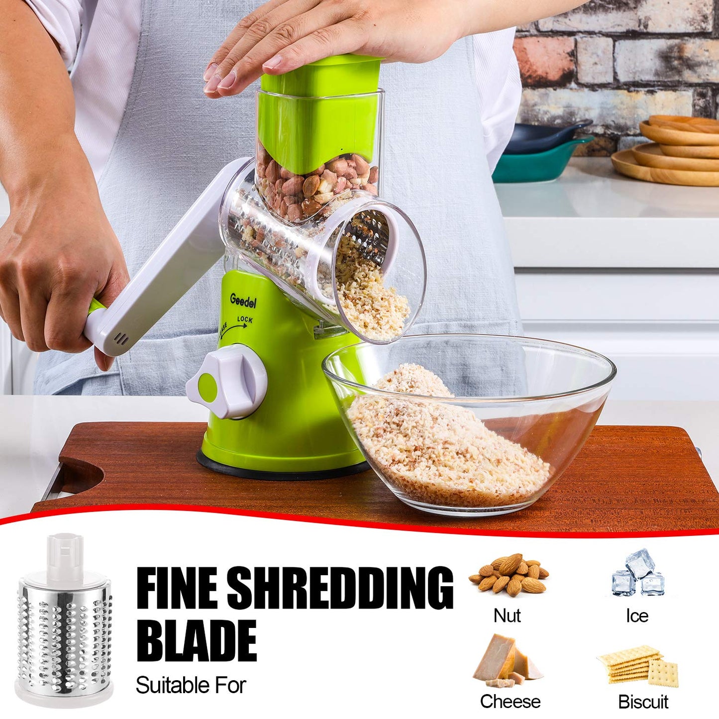 Geedel Rotary Cheese Grater, Kitchen Mandoline Vegetable Slicer with 3 Interchangeable Blades, Easy to Clean Rotary Grater Slicer for Fruit, Vegetables, Nuts