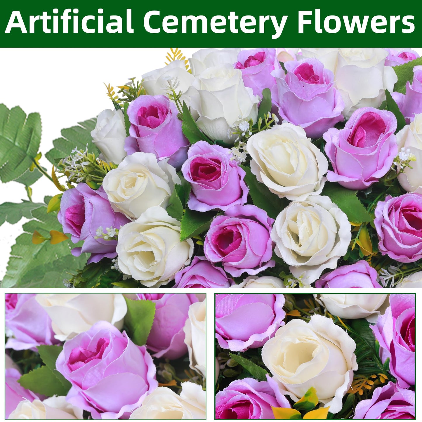 Lodou Artificial Cemetery Flower Saddles, Rose Headstone Flower Saddle Outdoor Grave Decorations,Cemetery Memorial Flowers with Vase for Grave Tombstone Decorations (Purple with white, Saddle)