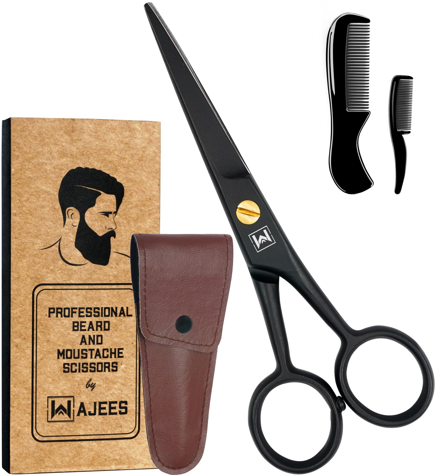 WAJEES Beard Scissors for Men A Complete Set of Grooming Scissors Men, 1 Mustache Comb, & 1 Beard Grooming Comb in a Carrying Pouch Perfect Mustache Scissors, Men’s Facial Hair Scissors