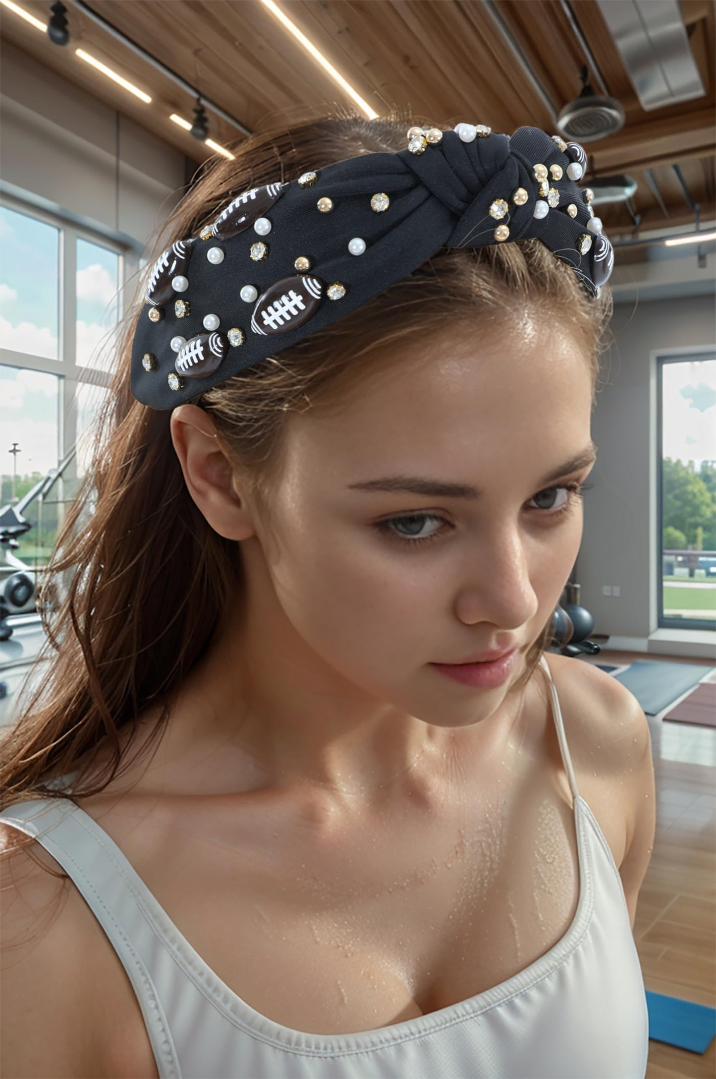 Gmmidea Football Knotted Headband Pearl Rhinestone Jeweled Headbands for Women Cute Wide Beaded Embellished Headband Game Day Decorative Hairband for Football Moms Black-1