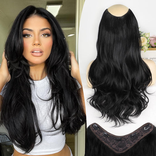 FORCUTEU Clip in Hair Extensions Long Layered Straight Wavy V-Shaped Hair Extension One Piece Black Hair Extensions with 5 Clips for Women Daily Use