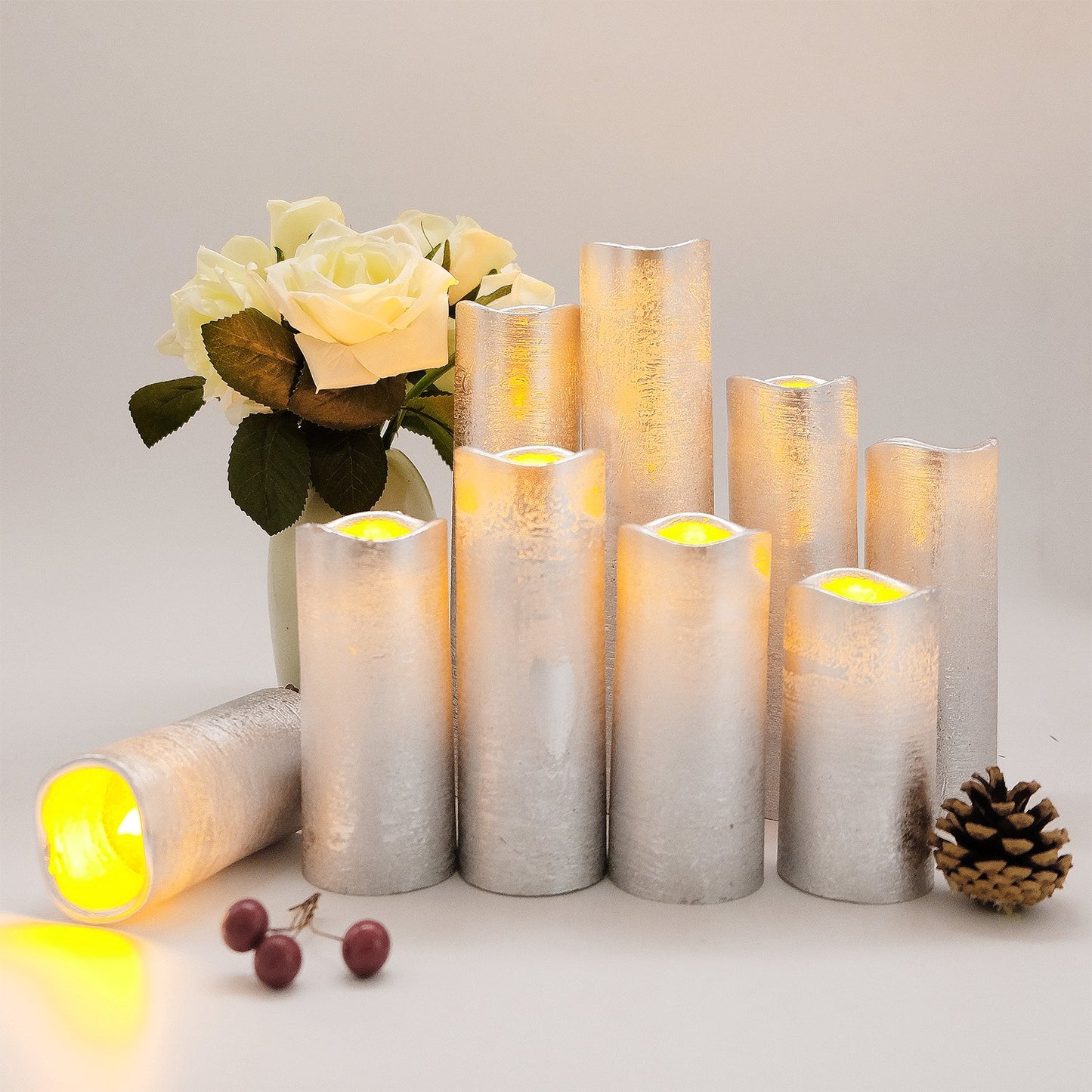 DRomance LED Flameless Flickering Candles Battery Operated with Remote and Timer, Set of 9 Silver Coating Warm Light Real Wax Pillar Candles for Christmas Home Decoration(D 2.2" x H 4"-9")