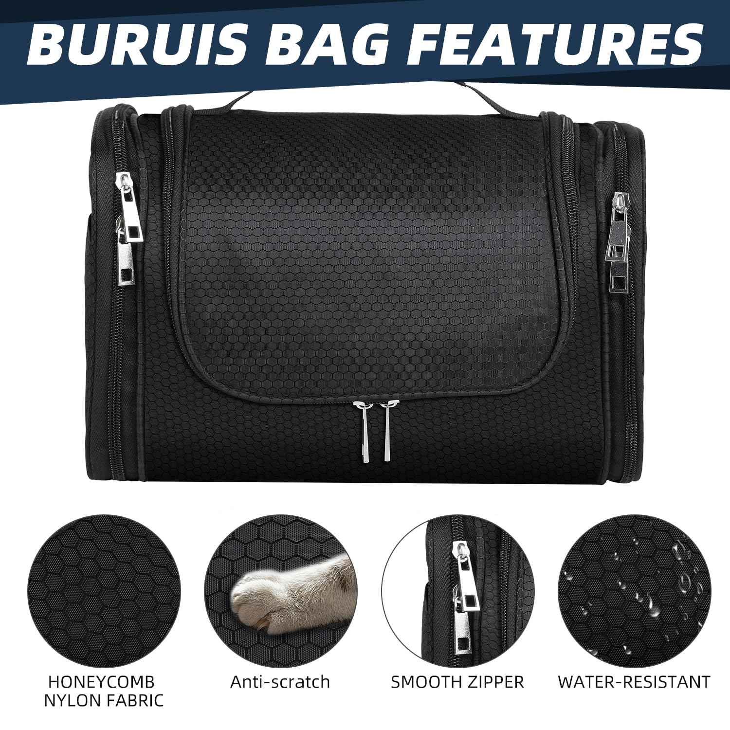 Buruis Large Capacity Toiletry Bag for Women and Men, Hanging Toiletry Organizer Cosmetics Makeup Bag, Water-resistant Dopp Kit Shaving Bags for Full Sized Toiletries, Travel Essentials (Black)