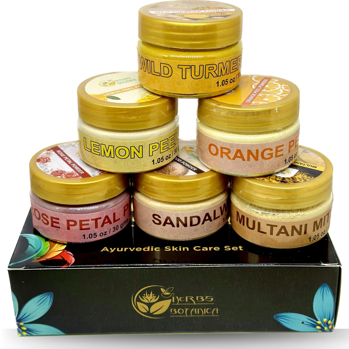 Herbs Botanica Natural Radiance Skin Care Sampler | Sandalwood Powder, Orange Peel Powder, Lemon Peel Powder, Rose Petals Powder, Wild Turmeric Powder, Multanni Mitti Powder 1 oz Each In Gift Pack