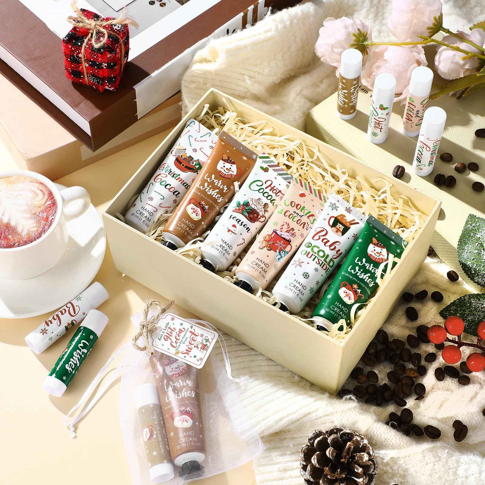 Demissle 36 Pcs Christmas Hot Cocoa Party Favors Hand Cream and Lip Balm Gifts Bulk Xmas Party Stuffers Christmas Stocking Favors Xmas Red Green Hot Cocoa Gifts Set for Baby Shower Guests