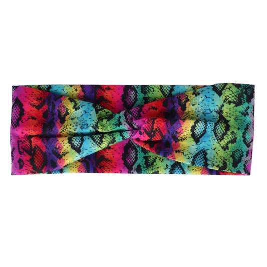 Motique Accessories ﻿Knotted Headwrap with Colorful Snake Print For Women and Girls - Green Rainbow