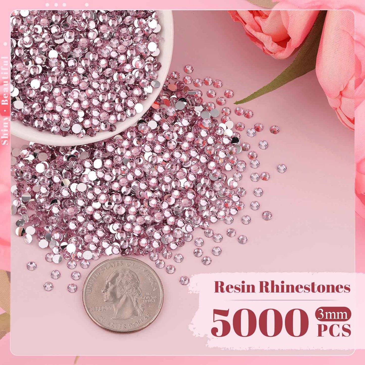 5000PCS 3mm Resin Rhinestones in Bulk (Light Pink), Bedazzling Flatback Crystals Rhinestones for Crafting DIY Nail Decoration, Gems Diomand Charms for Tumbler Shoes Clothing Fabric