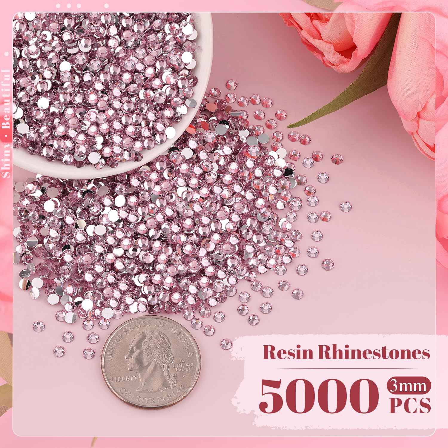5000PCS 3mm Resin Rhinestones in Bulk (Light Pink), Bedazzling Flatback Crystals Rhinestones for Crafting DIY Nail Decoration, Gems Diomand Charms for Tumbler Shoes Clothing Fabric