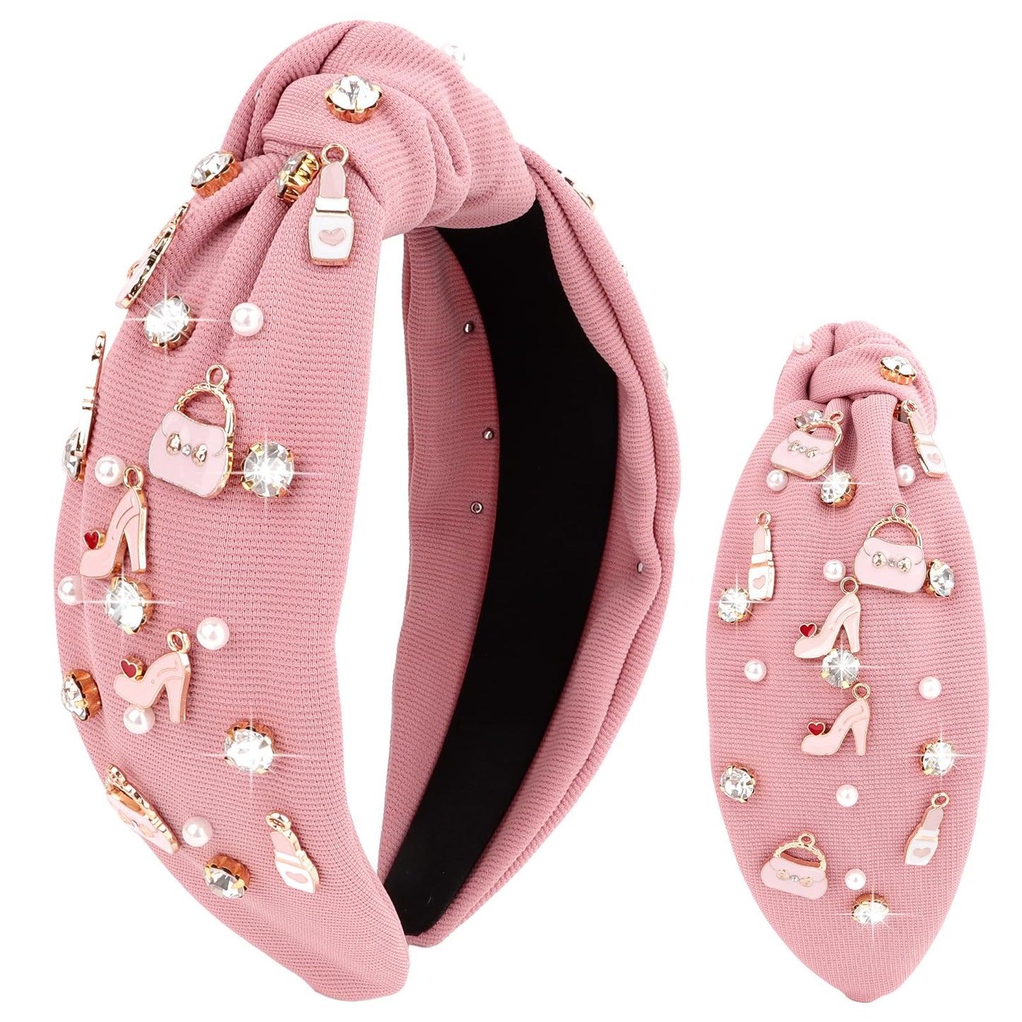 YARIEW Music Knotted Headband for Women Singer Fans Embellished Crystal Pearl Bag Lipstick Welfare Party Supplies Hair Accessories Party Gifts, Pink