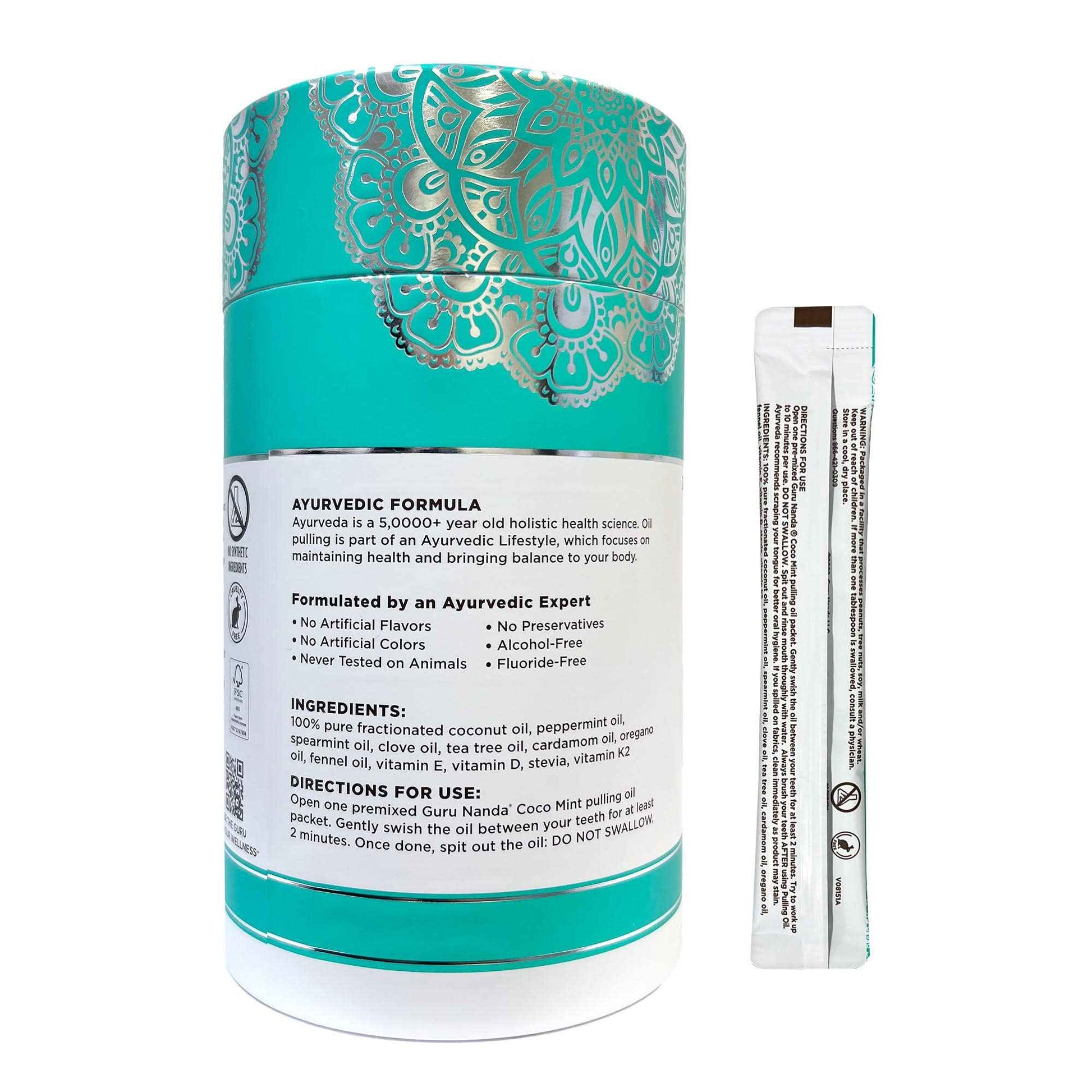 GuruNanda Travel Sachets Coconut Oil Pulling, Fresh Breath Mouthwash, 7 Essential Oils & Vitamins for Happy Teeth & Gums, with Tongue Scraper, 28 Sachets