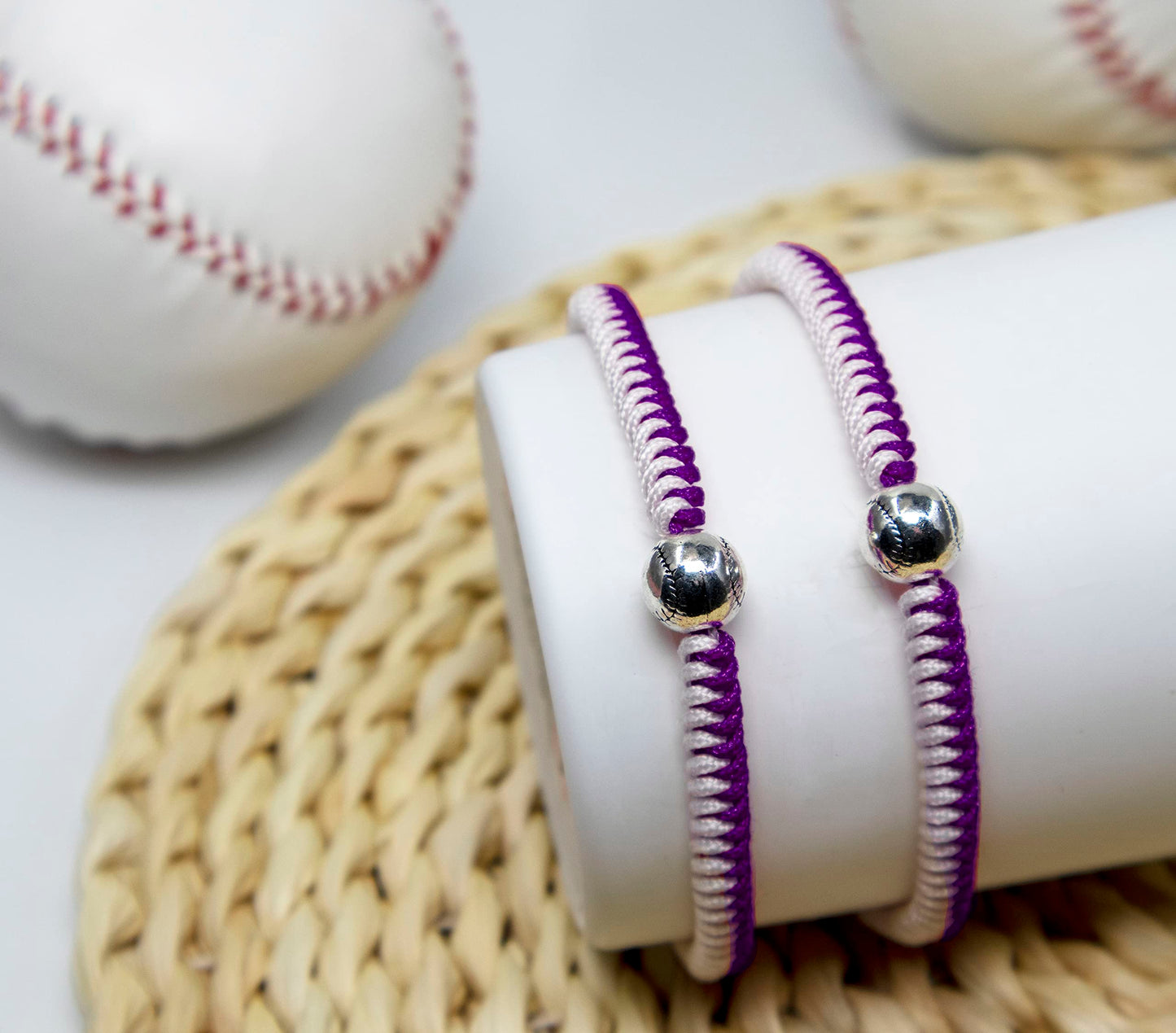 Handmade Braided Bracelets Baseball Gifts for Boys Adjustable Wristbands with Baseball Beads, Inspirational Baseball Bracelets for Girls Teens Adults (purple 2PCS)