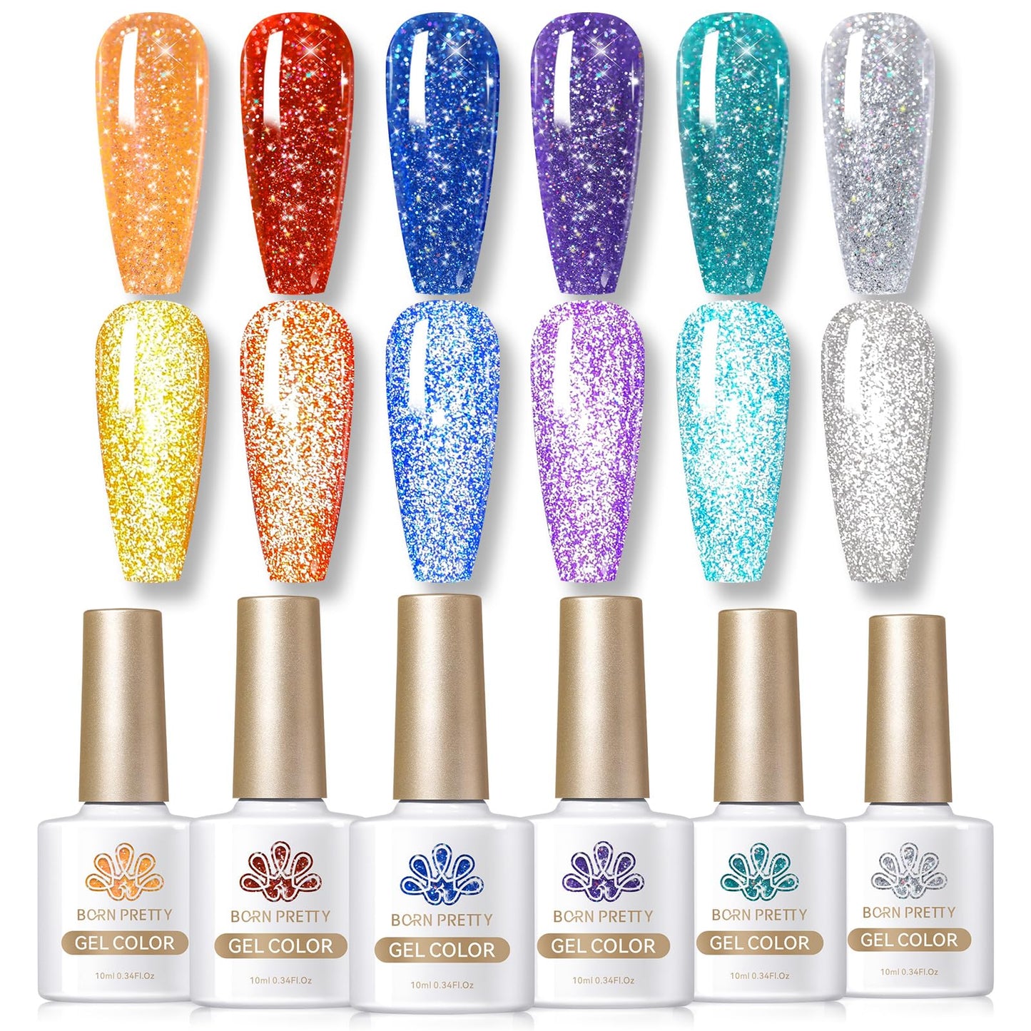 Born Pretty Reflective Glitter Gel Polish Colorful Sparkly Shiny Disco DJ LED Gel Nail Polish Nail Varnish 6PCS 10ML