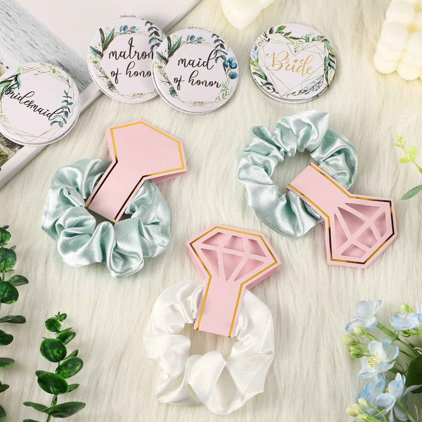 24 Pieces Bridesmaid Proposal Gifts Wedding Makeup Bag Gift Set Includes 8 Bridesmaid Makeup Bags 8 Satin Hair Scrunchies 8 Bridesmaid Compact Mirrors(Green Leaves)