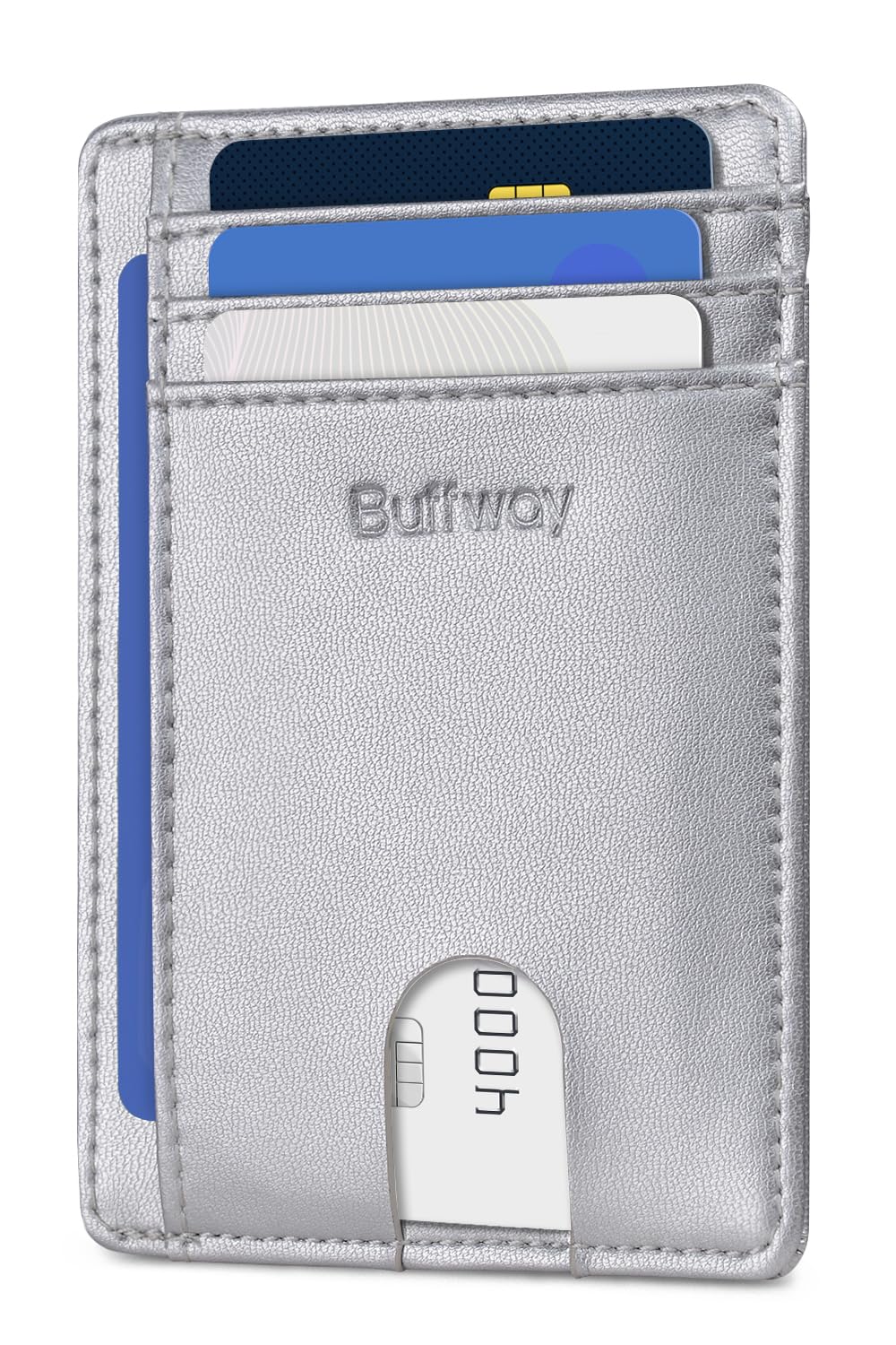 Buffway Slim Minimalist Front Pocket RFID Blocking Leather Wallets for Men and Women - Sand Silver