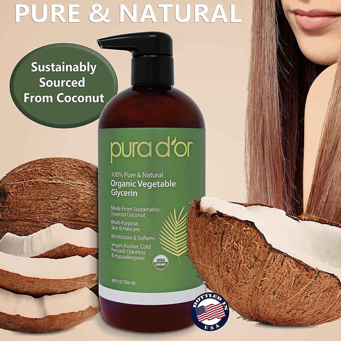 PURA D'OR Organic Vegetable Glycerin (24oz) Derived from Coconut,100% Pure Premium Grade,Clear & Odorless,Non-GMO,USP Grade,Kosher,Vegan,Cold Pressed,Hair,Skin & DIY Base (Packaging may vary)