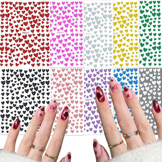 Heart Nail Art Stickers 10 Colors Valentines Nail Decals 3D Shiny Glitter Hearts Stickers for Nails Self Adhesive Valentine Heart Nail Art for DIY Nail Decorations Manicure Accessories 10 Sheets