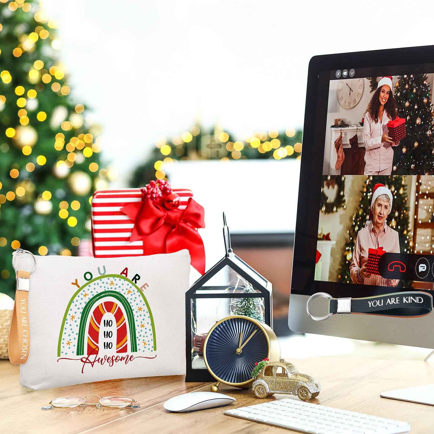 Fumete 40 Pcs Christmas Inspirational Gifts for Women 20 Rainbow Canvas Makeup Bags 20 Inspirational Keychains for Staff Team Hr Vet Tech