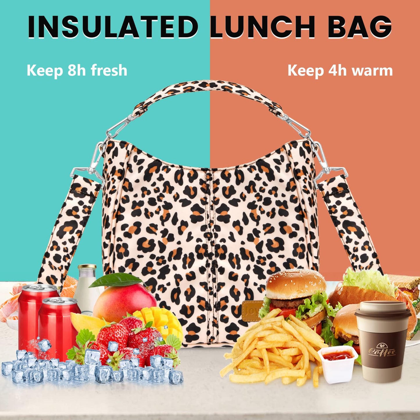 Joymee Women Lunch Bags, Reusable Leakproof Lunch Box, Insulated Tote Bag for Work Office Picnic, Leopard Lunch Bag Large Lunch Boxs, Cooler Bag for Adult