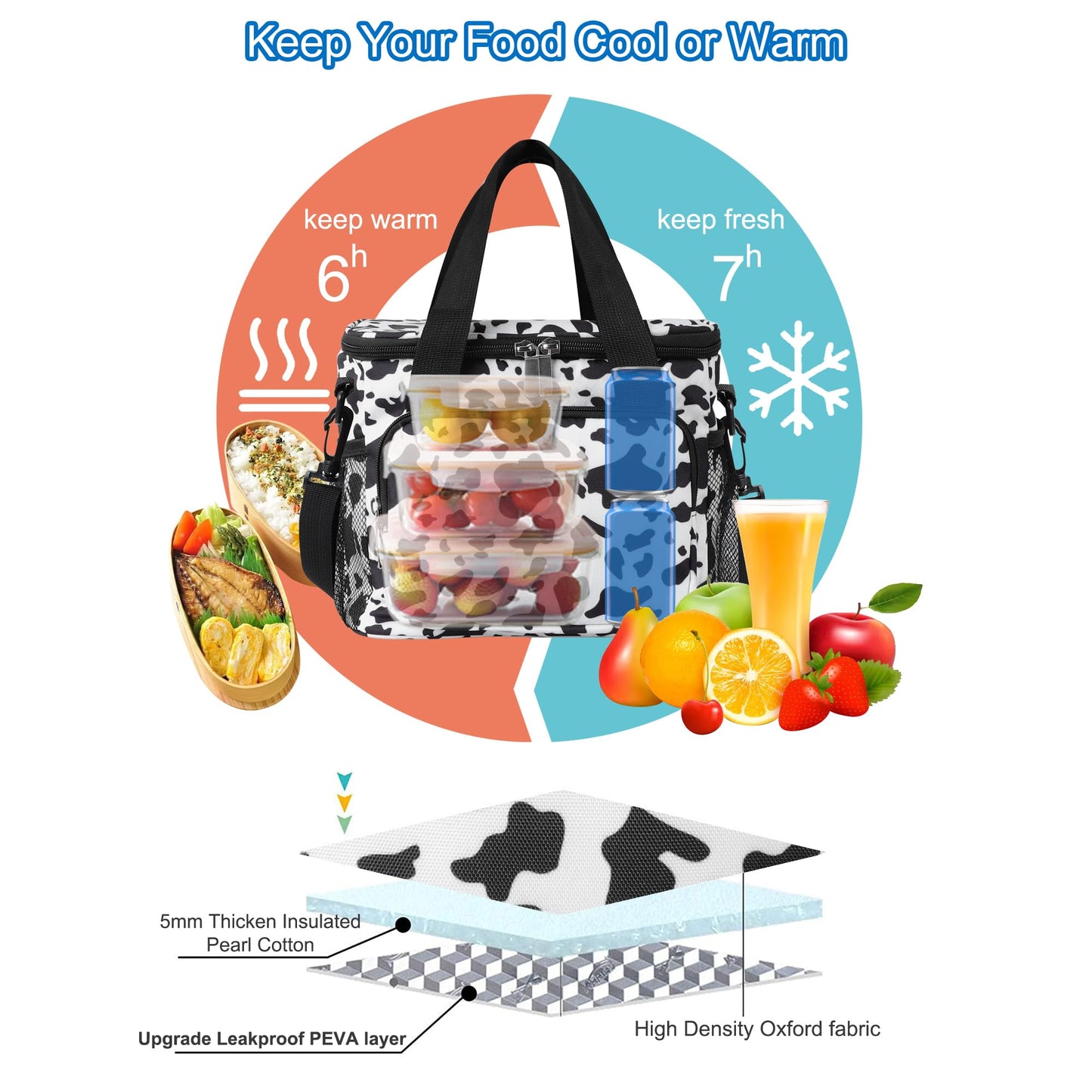 Femuar Lunch Bags for Women/Men, Insulated Lunch Bag for Work Office - Lunch Cooler Bag Leakproof Lunch Box with Adjustable Shoulder Strap - Cow print