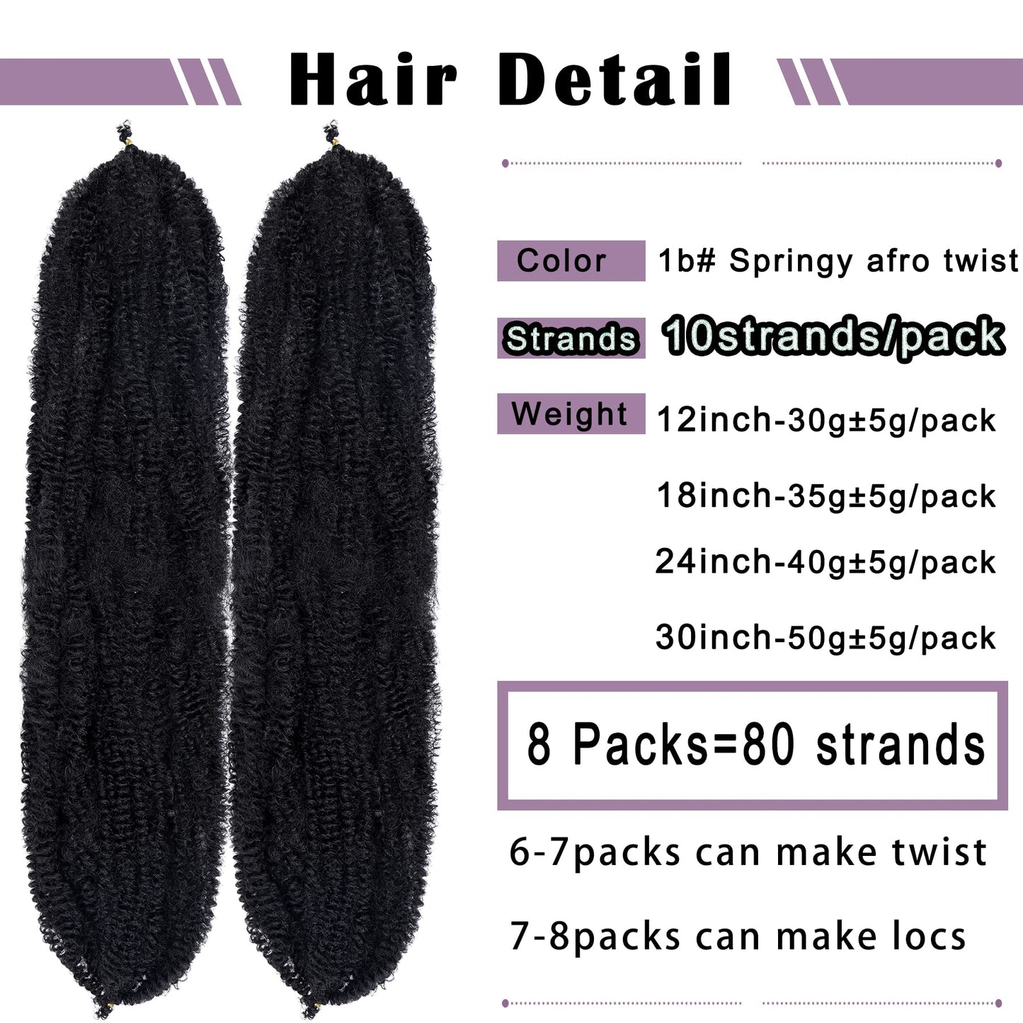 Springy Afro Twist Hair 8 Packs Marley Twist Braiding Hair Pre Separated Spring Twist Hair for Faux Locs Crochet Hair Kinky Twist for Braiding Synthetic Hair Extensions (1b#, 30inch(Pack of 8)