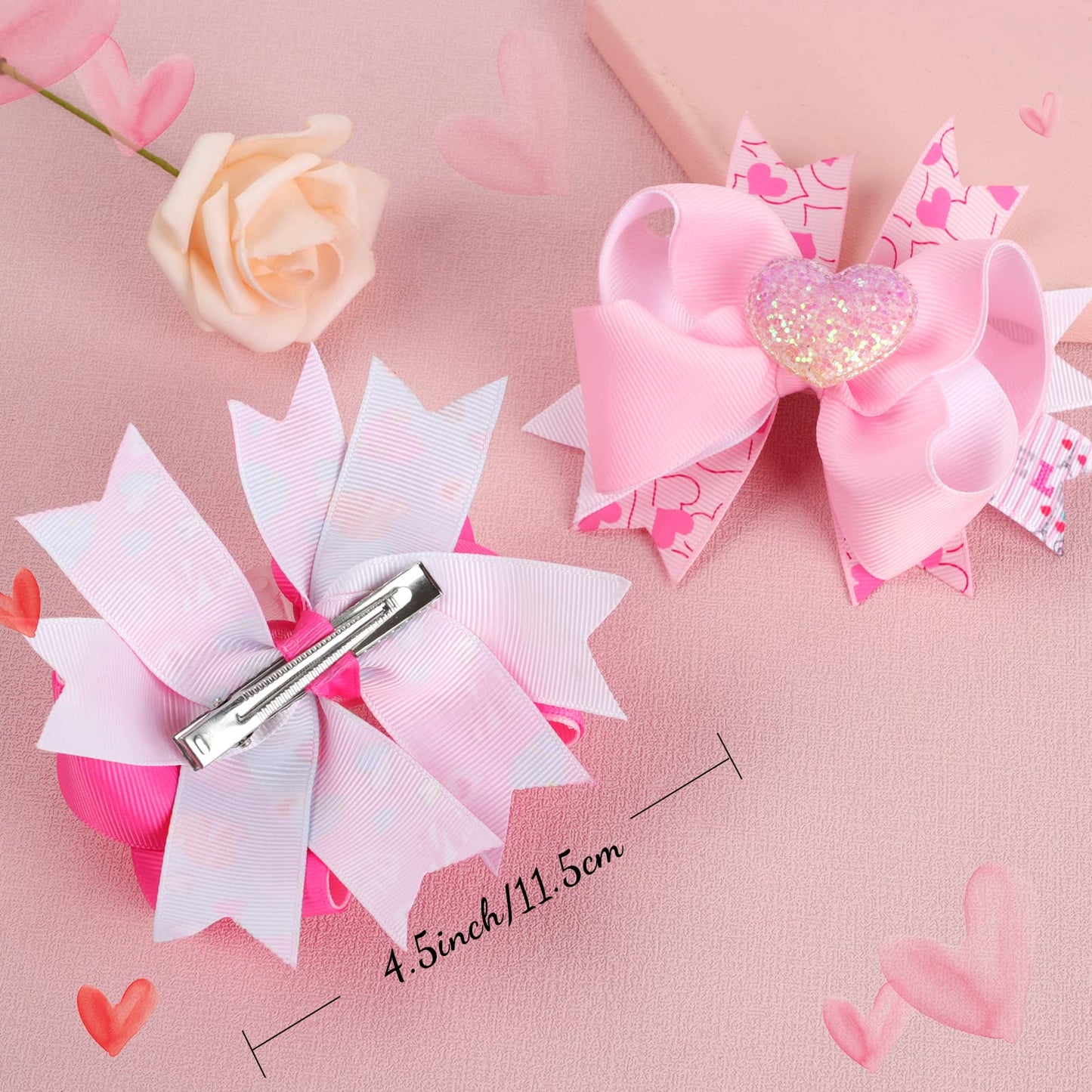 3Pcs Valentine's Day Bows Clips Mother's Day Hair Bows Gift Pink Bowknot Love Heart Pattern Headwear Hairpin Alligator Clips Bows for Girls Toddlers Kids Womens (Valentine's Hair Bows - 5)