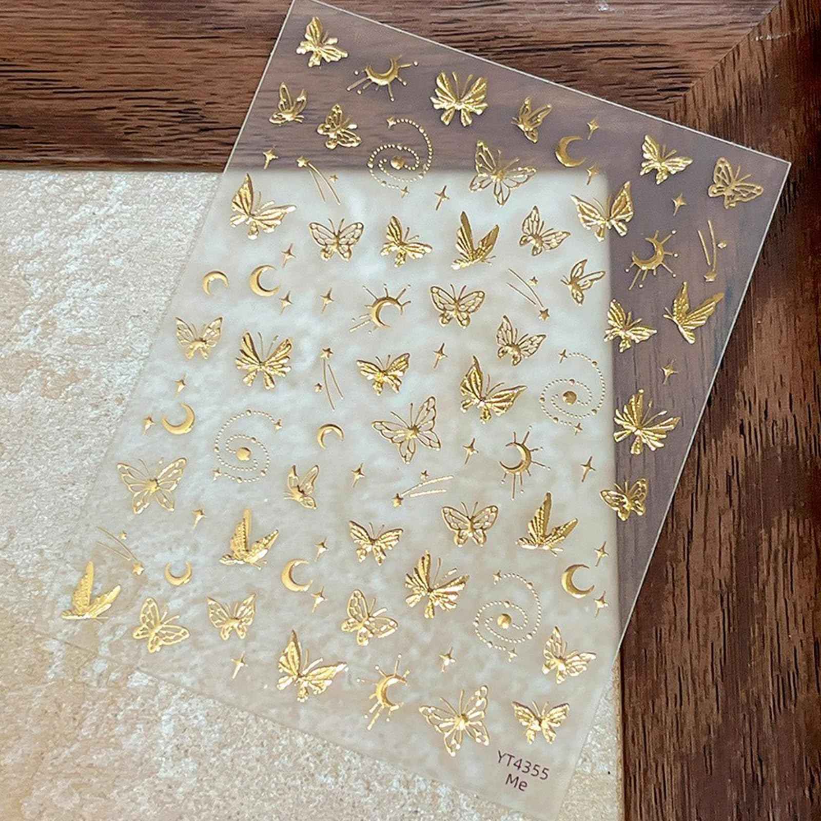 5D Embossed Gold Nail Stickers Butterfly Nail Art Stickers Spring Nail Decals Golden Self-Adhesive Star Moon Nail Decals for Women Girls Acrylic Nails Manicure DIY Nail Supplies