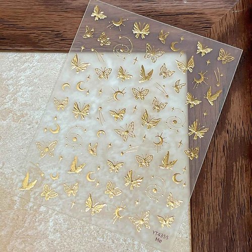 5D Embossed Gold Nail Stickers Butterfly Nail Art Stickers Spring Nail Decals Golden Self-Adhesive Star Moon Nail Decals for Women Girls Acrylic Nails Manicure DIY Nail Supplies