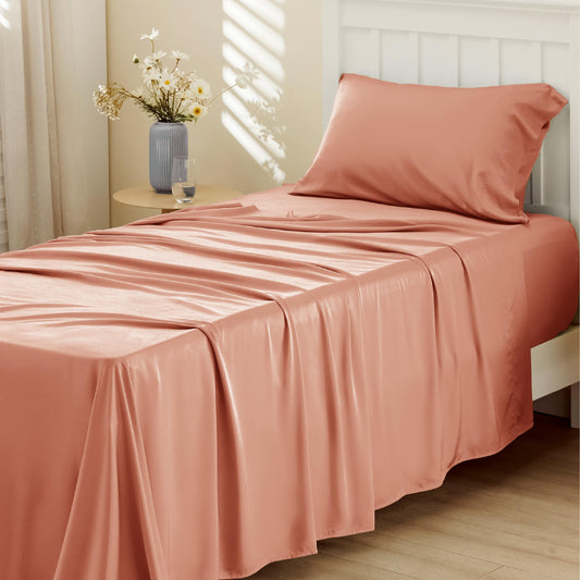 Bedsure Twin Sheets Set, Cooling Sheets Twin Size Bed Set, Rayon Derived from Bamboo, Twin Size Sheets, Breathable & Soft Bed Sheets, Hotel Luxury Silky Bedding Sheets & Pillowcases, Coral