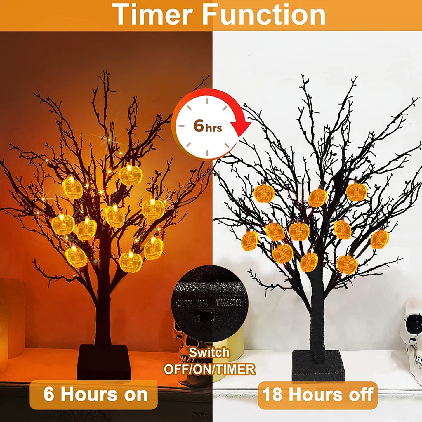 TURNMEON Timer 24 Inch Prelit Black Halloween Tree Decorations with 24 Orange LED 25 Pumpkin Battery Powered Halloween Black Spooky Tabletop Tree Decor Indoor Home Party