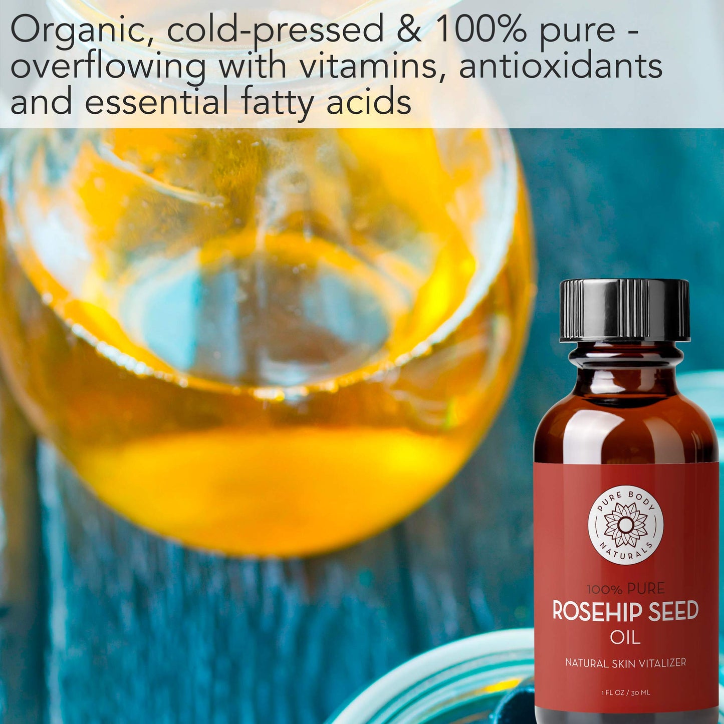 Pure Body Naturals Rosehip Facial Oil, 1 fl oz - for Face, Nails, Hair and Skin - Cold Pressed and Unrefined Moisturizing Oil