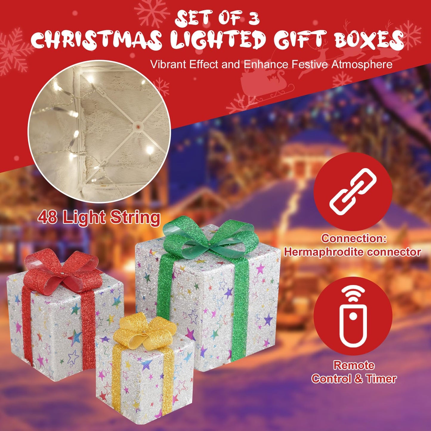 Christmas Lighted Gift Boxes Large, Set of 3 Light Up Gift Boxes for Christmas Tree, Outdoor Lighted Christmas Decorations 48 LED Present Boxes Christmas Lighted Outdoor Display(Silver Star)