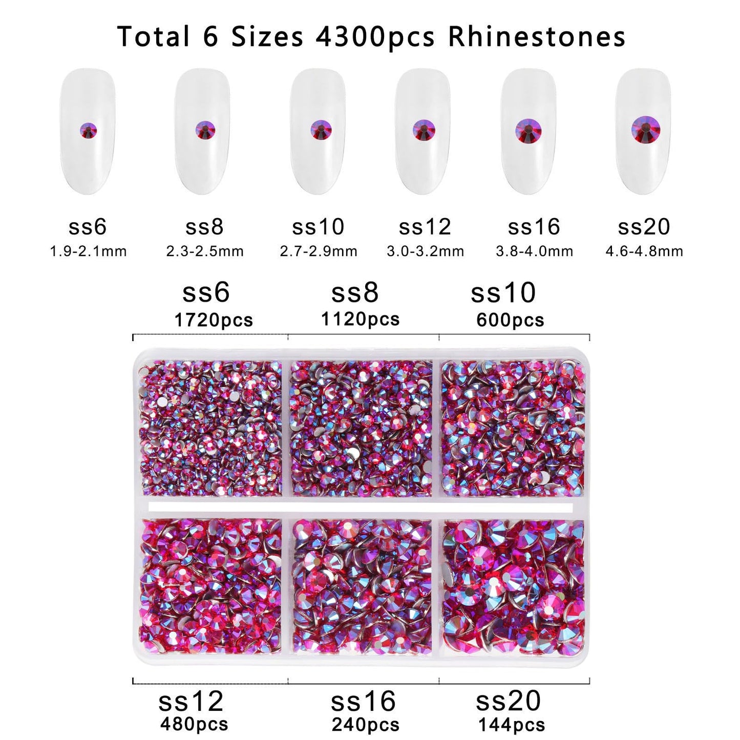 Beadsland 4300pcs Flatback Rhinestones, Red AB Rhinestones Nail Gems Round Crystal Rhinestones for Crafts,Mixed 6 Sizes with Picking Tweezers and Wax Pencil Kit, SS6-SS20, Siam AB