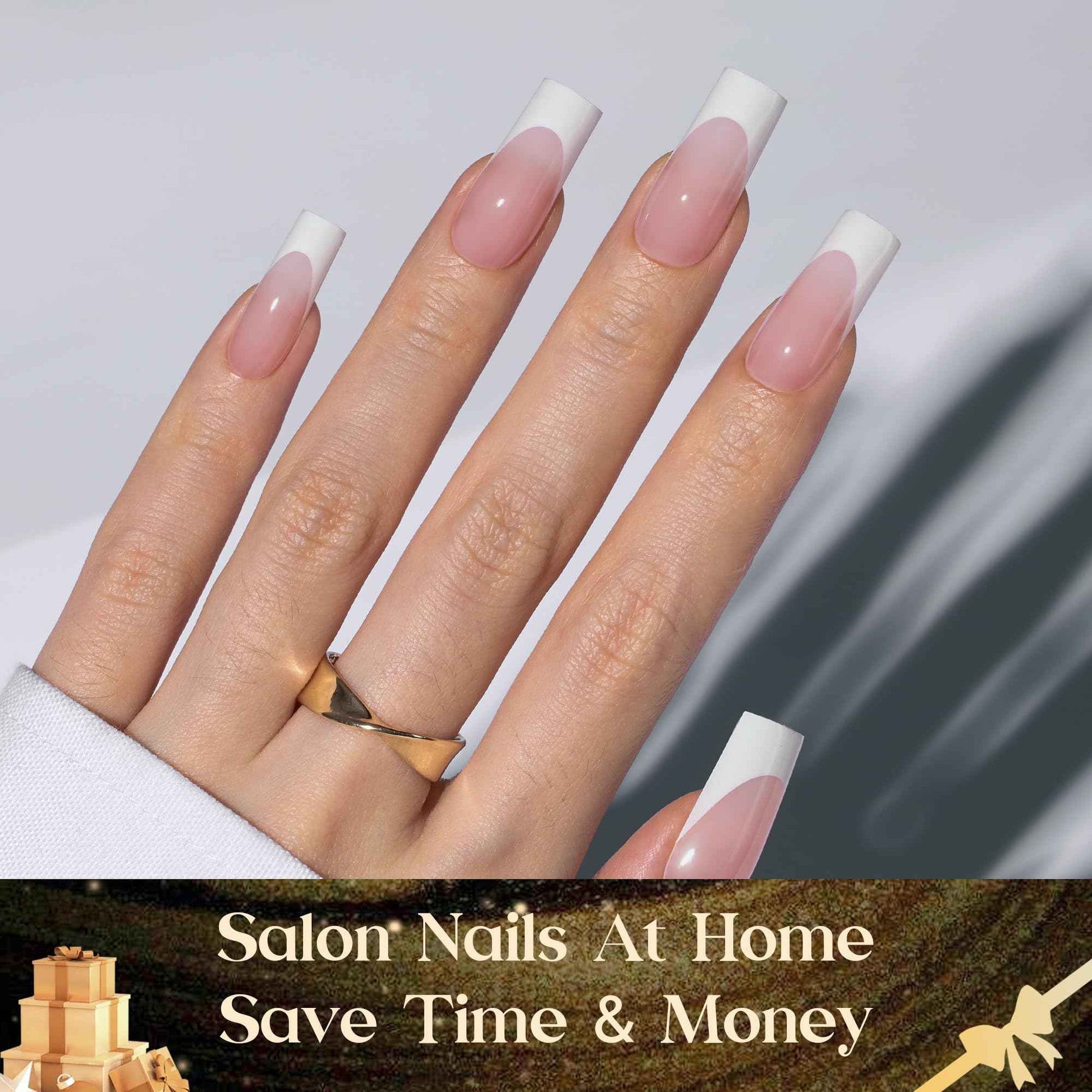 Beetles X Press Plus On Nails Kit - Rose French | Pink Long Square French Tip Press On Nails | 224Pcs 16 Sizes All-in-One Kit With Nail Glue，Remover，Builder Top Coat，Nail Lamp