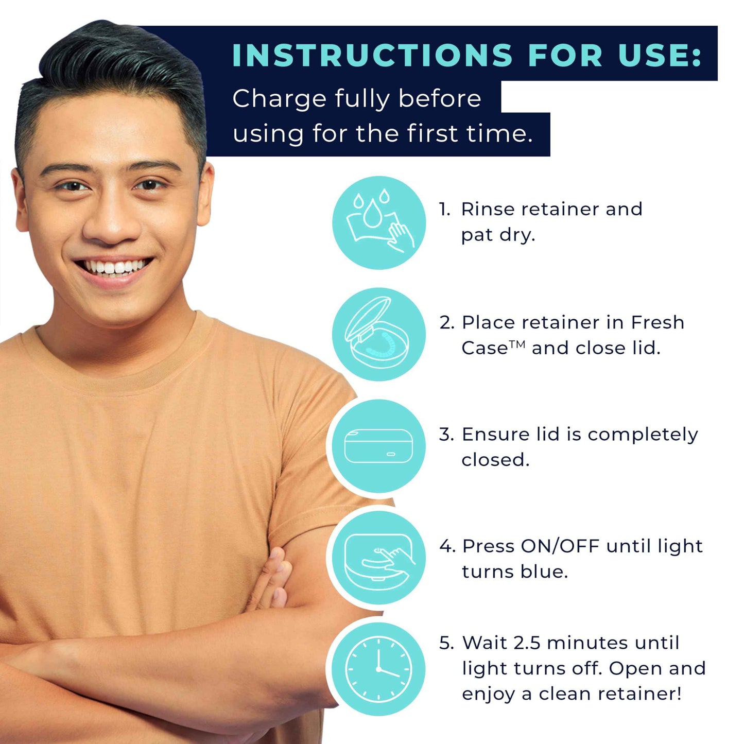 FRESH KNIGHT UVC Retainer Cleaner & Denture Cleaner - UV Retainer Case - Ideal for Invisalign & Mouth Guards - White UV Retainer Container - Convenient Travel Size