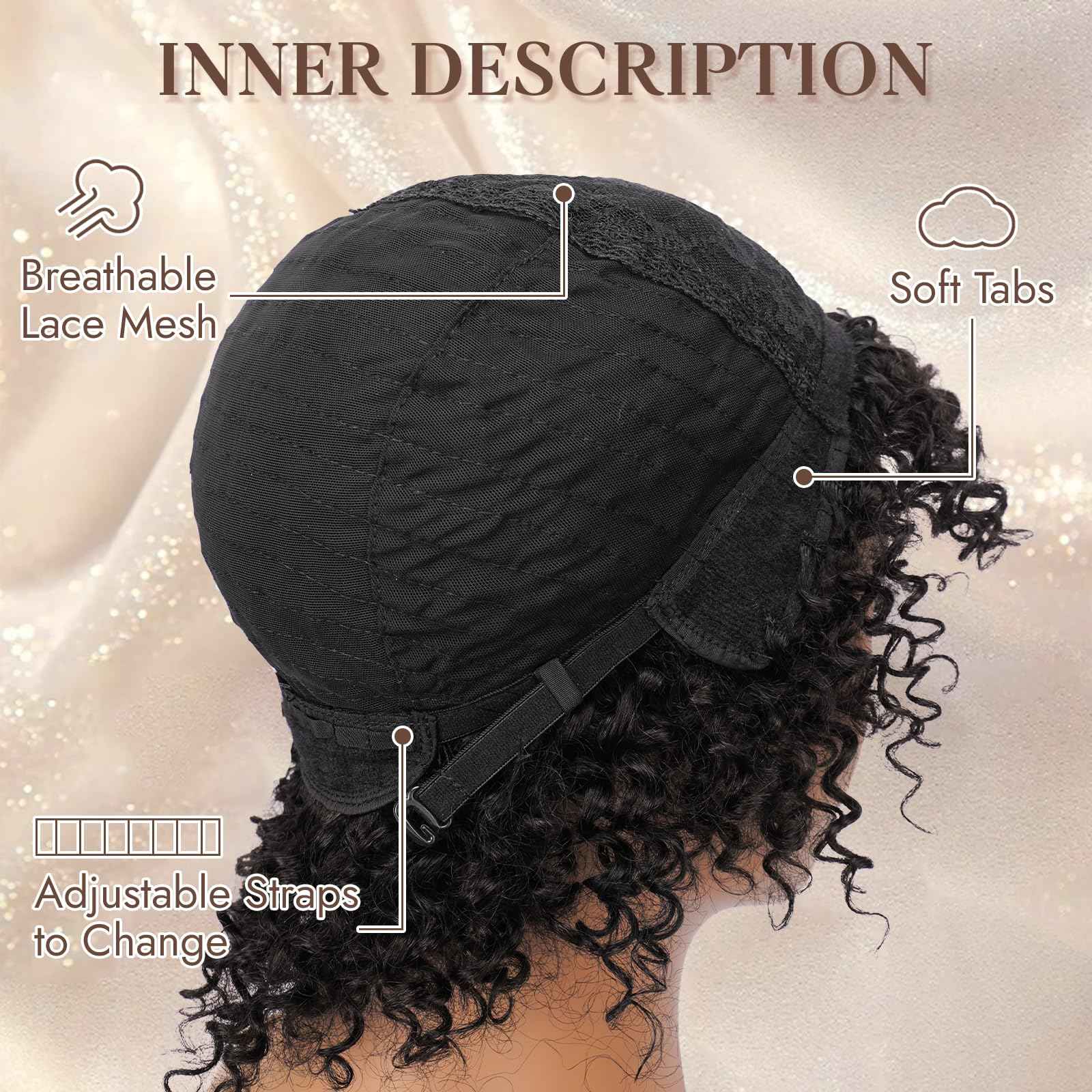 RUWISS Short Curly Human Hair Wig 10 Inch Brazilian Kinky Curly Wigs with Bangs for Black Women - Wear and Go Glueless Short Wig, ZF-003 Black Brown