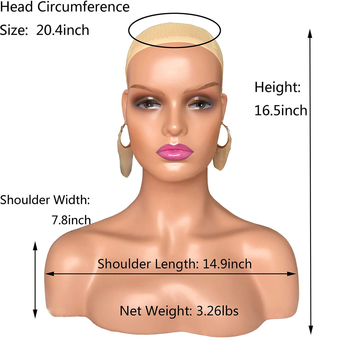 Voloria Realistic Female Mannequin Head with Shoulder Manikin PVC Head Bust Wig Head Stand with Makeup for Wigs Necklace Earrings Light Brown