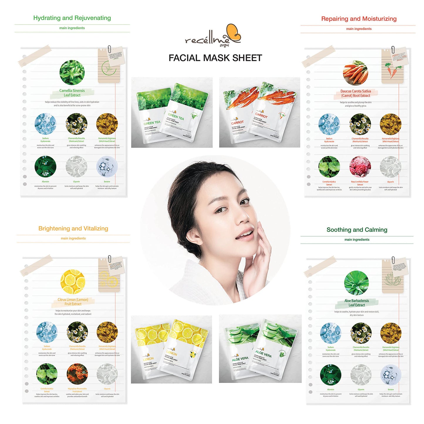 recellme Facial Sheet Mask for Soothing, Moisturizing, Repairing, Hydrating, Rejuvenating, Brightening, Vitalizing and Calming -Made in Korea (12-COMBO)