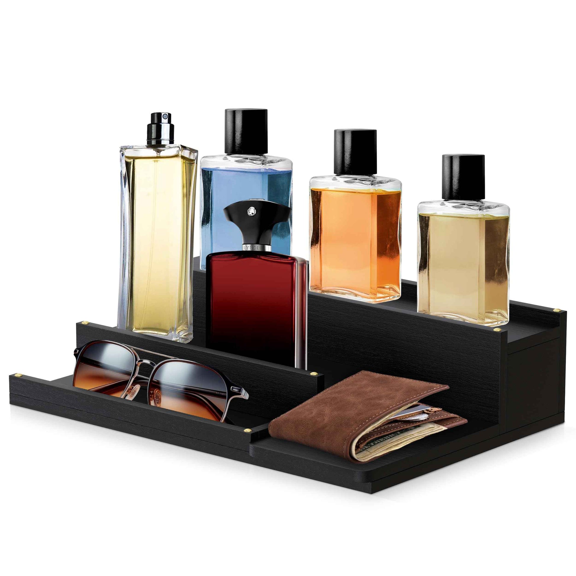 Cologne Organizer for Men - 3-Tier Solid Wood Cologne Stand with Hidden Compartments, Multi-Purpose Perfume Organizer and Display Shelf for Organizing Accessories, Ideal Gift for Men