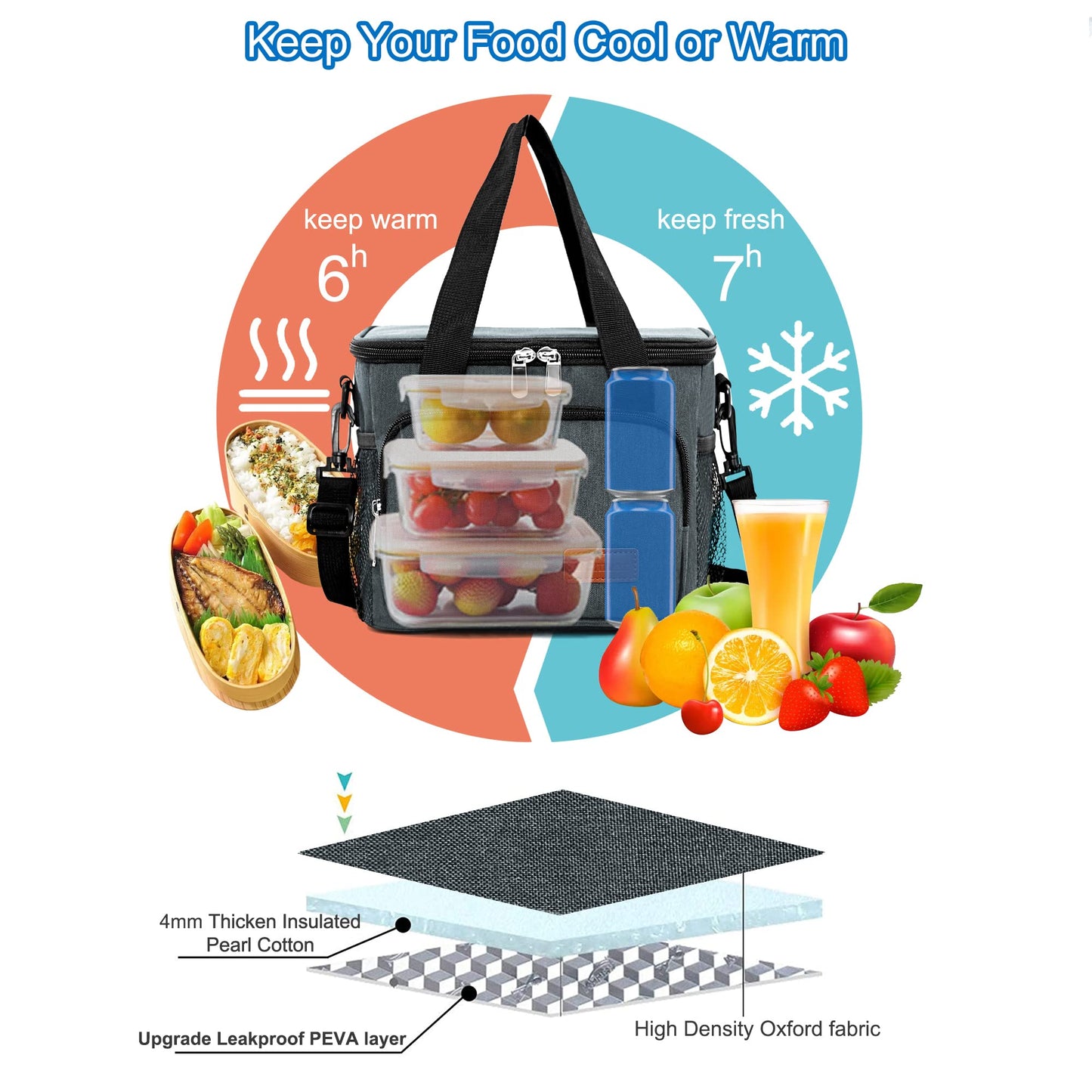 Femuar Lunch Bags for Women/Men, Insulated Lunch Bag for Work Office Picnic - Lunch Cooler Bag Leakproof Lunch Box with Adjustable Shoulder Strap - Charcoal